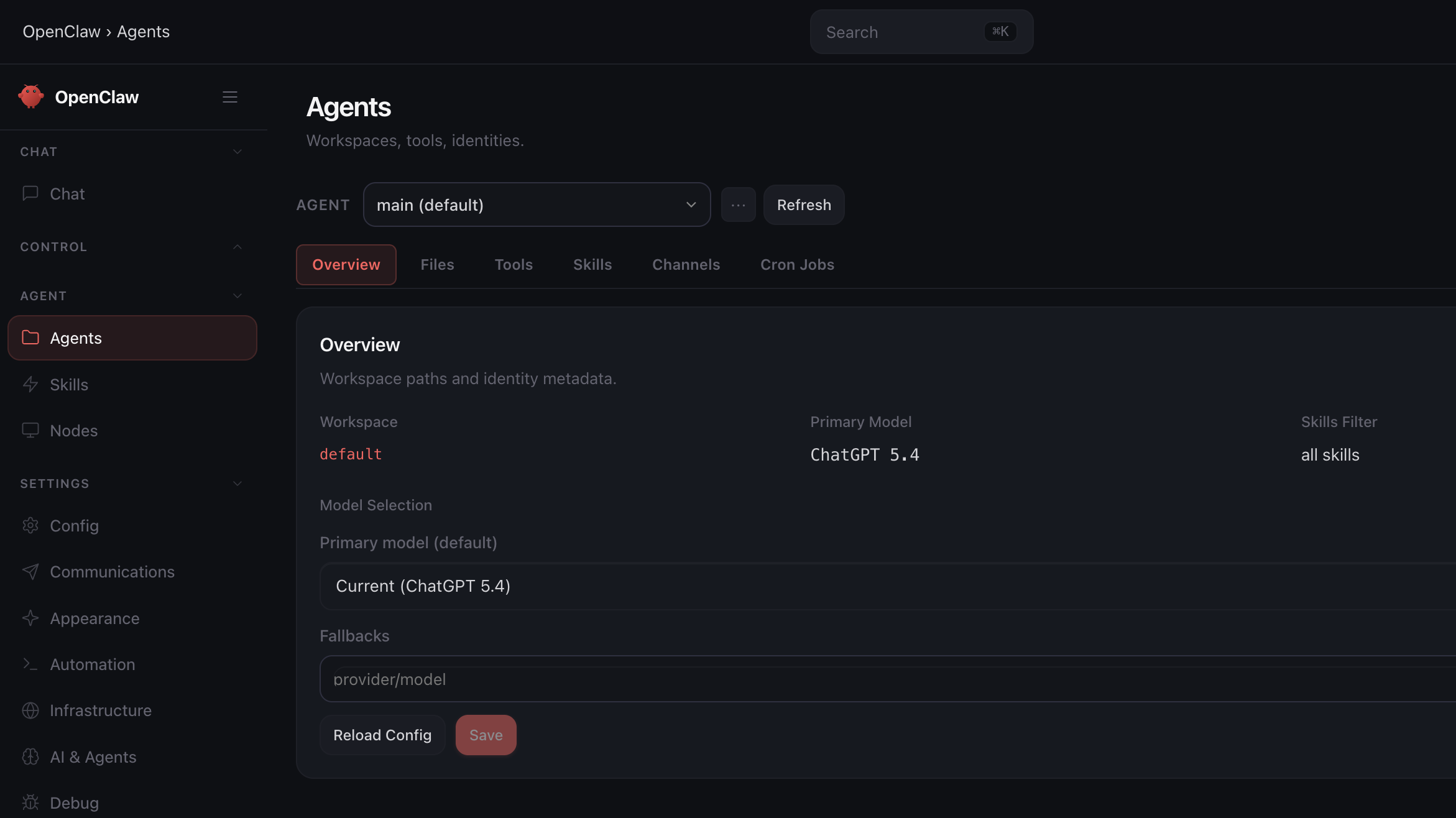 Hostinger agent settings showing model selection