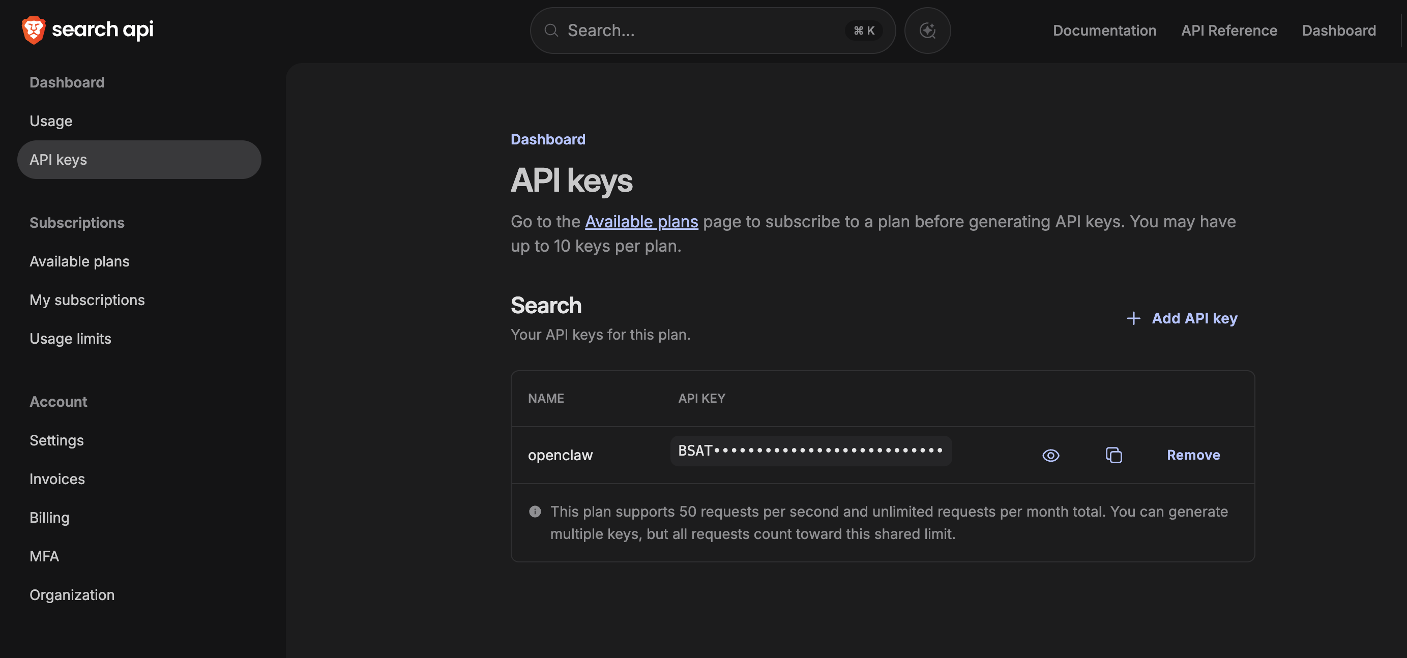 Brave Search API key page